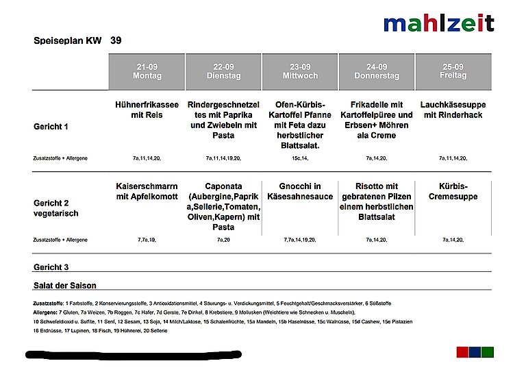 Speiseplan der Kantine