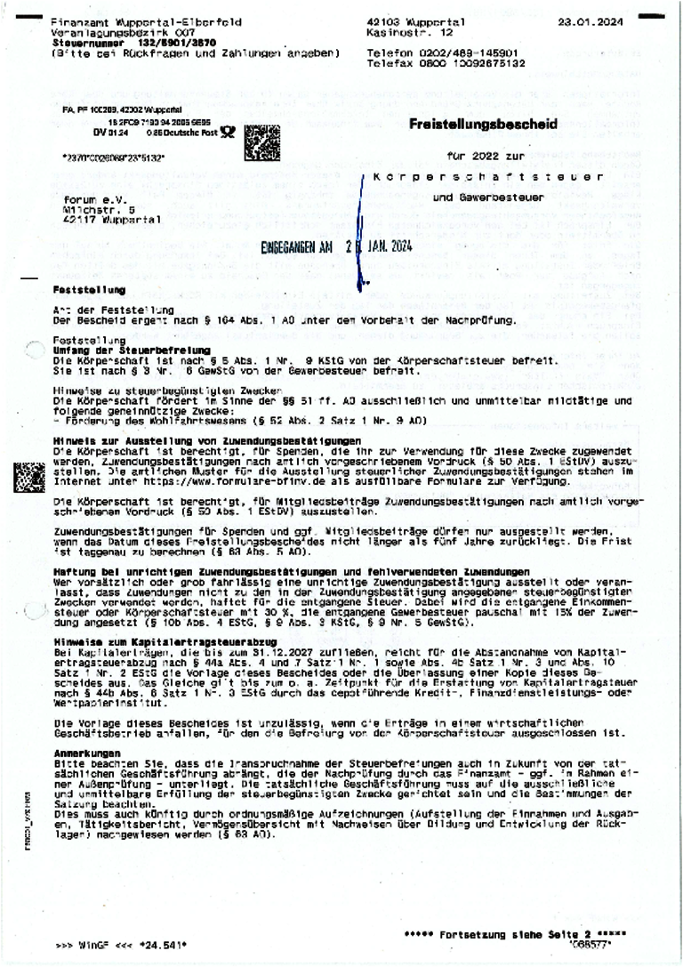 Freistellungsbescheid forum e.V.