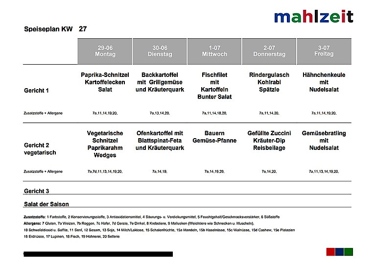 Speiseplan der Kantine vom 29. Juni bis zum 3. Juli
