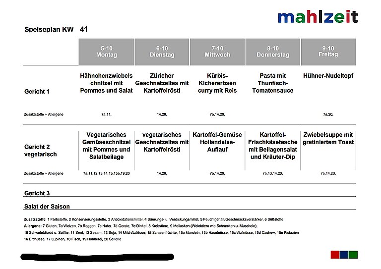 Speiseplan der Kantine